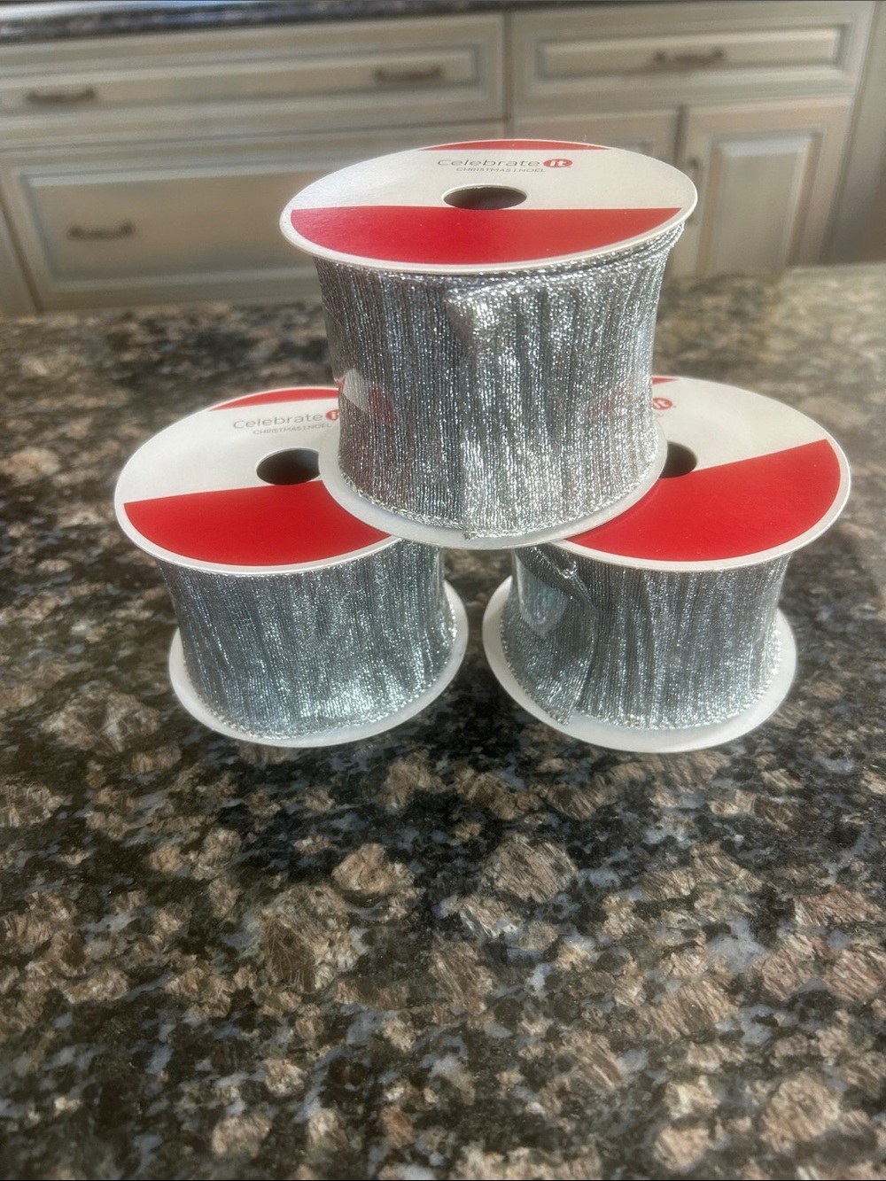 CELEBRATE IT SILVER METALLIC WIRED RIBBON 2.5x20 FT  LOT OF 3 NWT